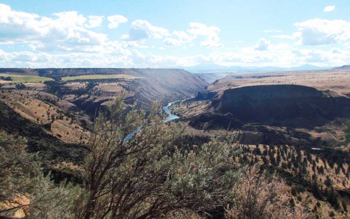 a river runs through a vast hilly landscape with a blue sky dotted with clouds above.